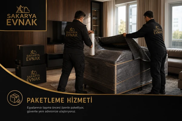 Profesyonel eşya paketleme — Sakarya Evnak ekibi mobilyayı streç ve balonlu naylonla sararken