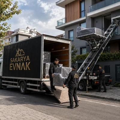Parça eşya taşıma — Sakarya Evnak ekibi tekli paketlenmiş eşyayı araçtan indirirken